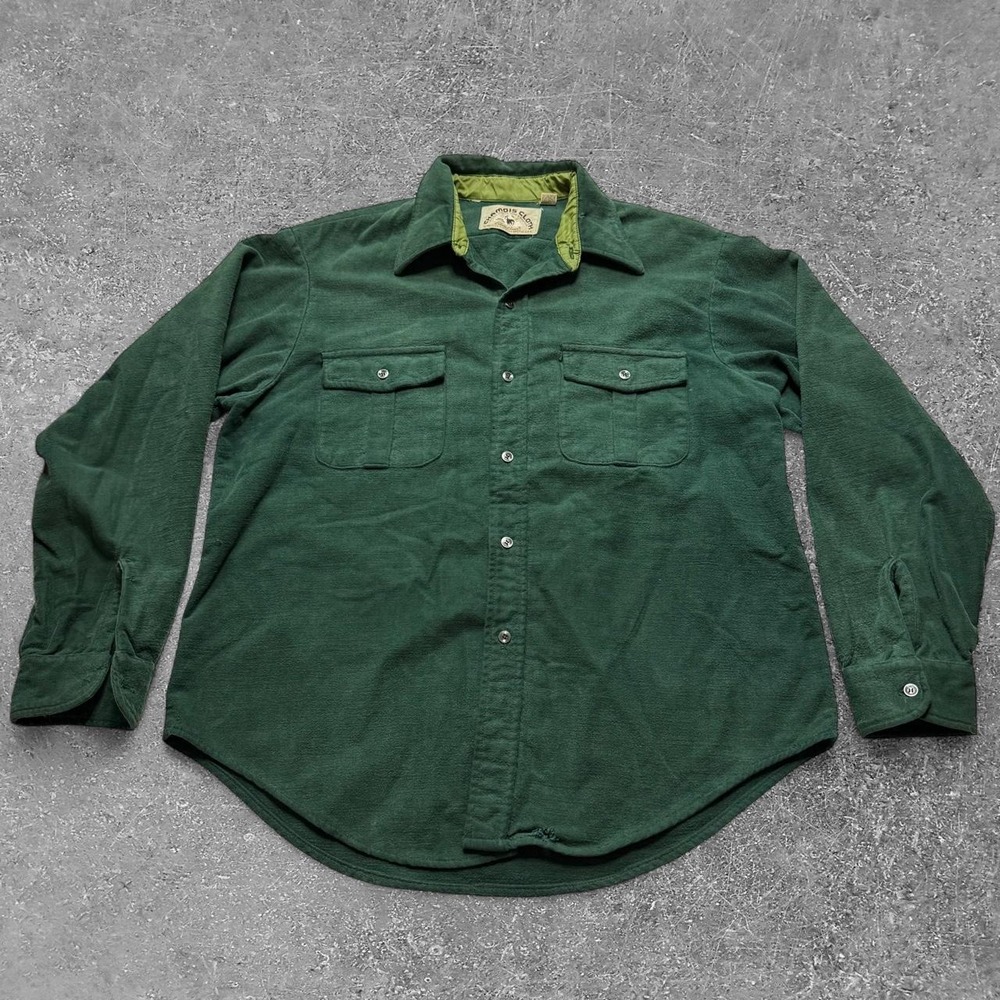 Vintage Eddie Bauer Mens Green Chamois Cloth Cotton Flannel Button Up Shirt L